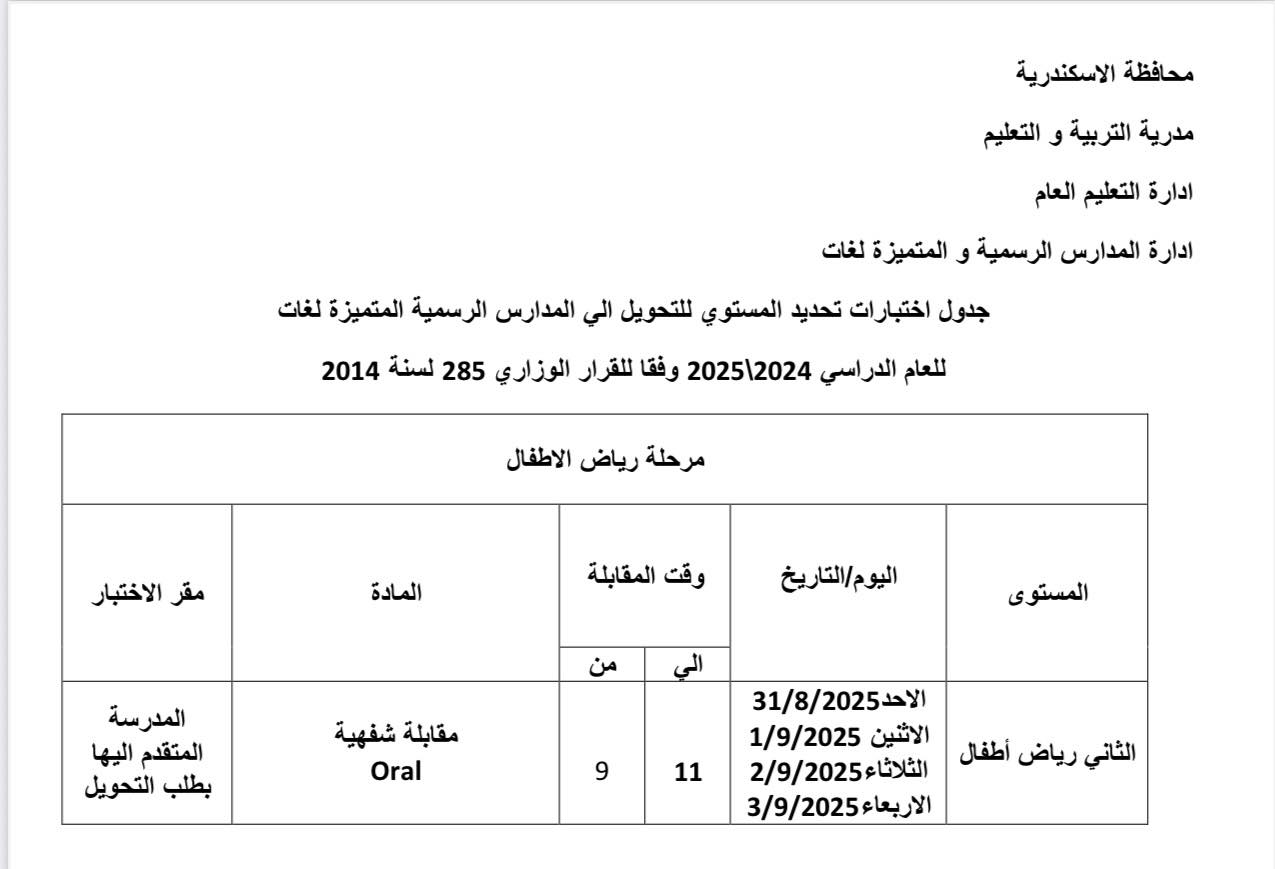 جدول اختبارات تحديد المستوى للتحويل بين المدارس بالإسكندرية 2025